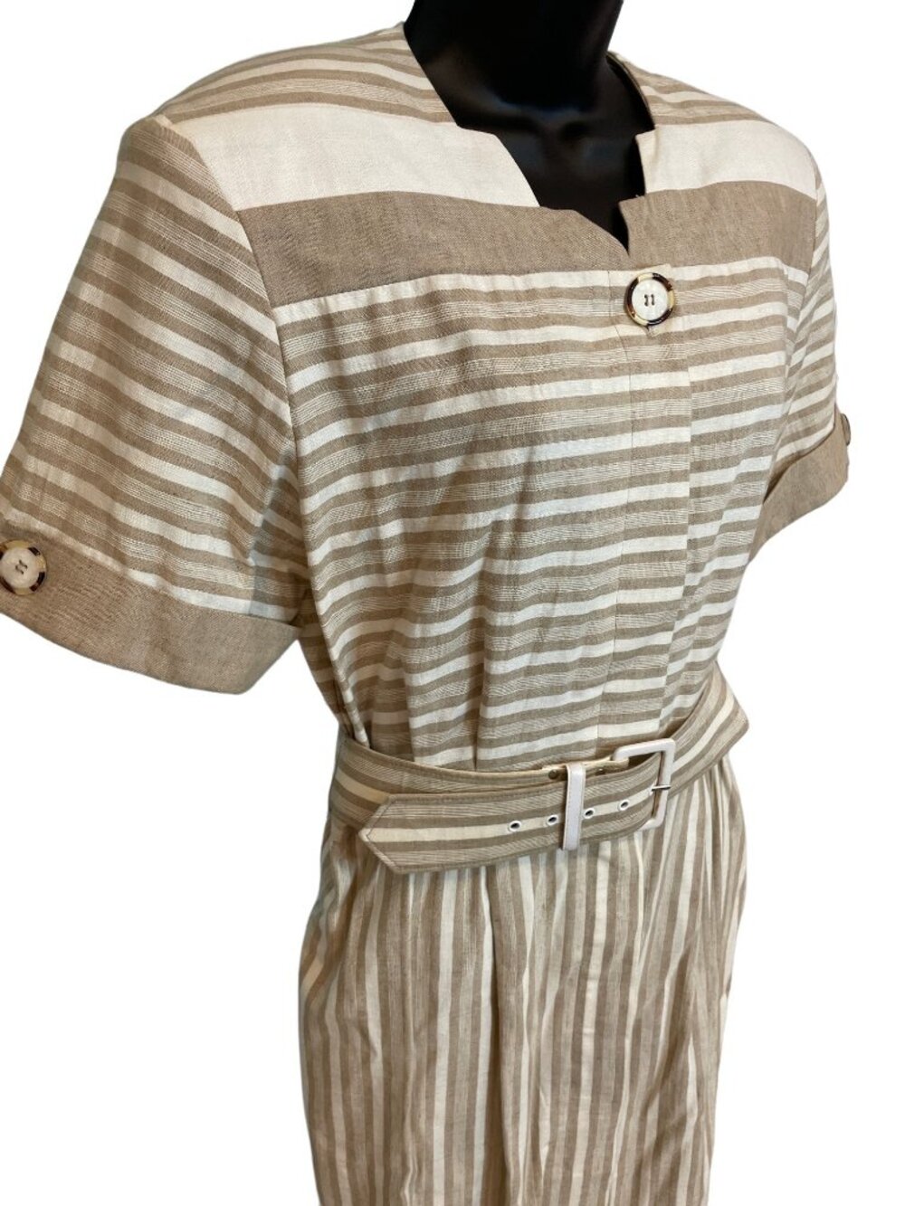 Vintage Brown White Belted Dress Sz 10 California Design Retro Office Preppy - Picture 4 of 7